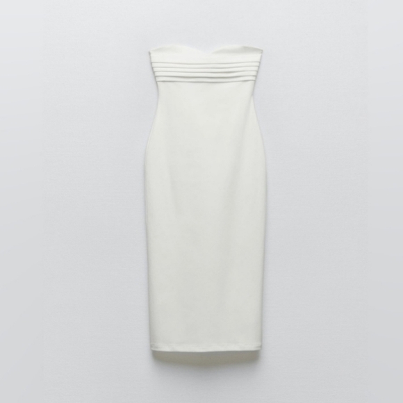 Zara Strapless White Bodycon Stretchy Midi Dress w Pleated Sweetheart Bustline - Picture 2 of 13